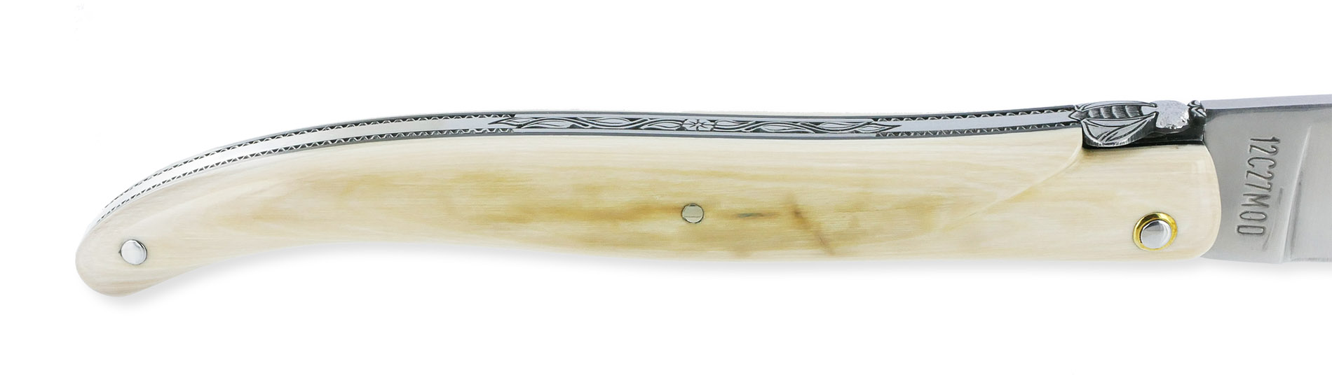 Couteau Laguiole en Aubrac 1 Pièce 12 cm Plein Manche en Ivoire de Mammouth Ressort et platines guillochés Mouche N°3