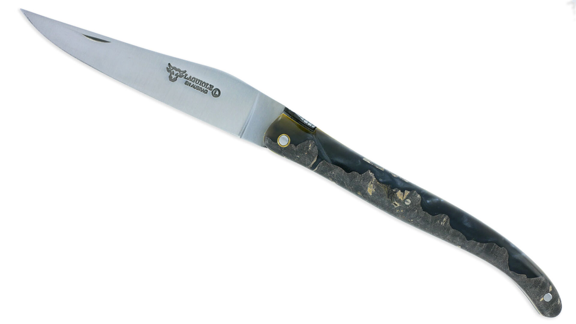 Couteau Laguiole en Aubrac 1 Pièce 12 cm Plein Manche en Loupe de Peuplier Gris Entretoises Jaunes