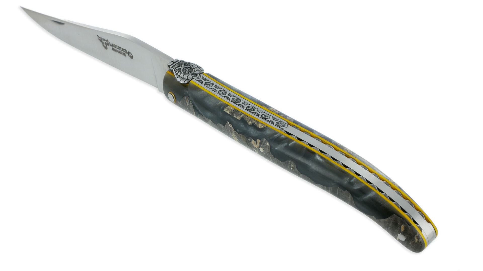 Couteau Laguiole en Aubrac 1 Pièce 12 cm Plein Manche en Loupe de Peuplier Gris Entretoises Jaunes