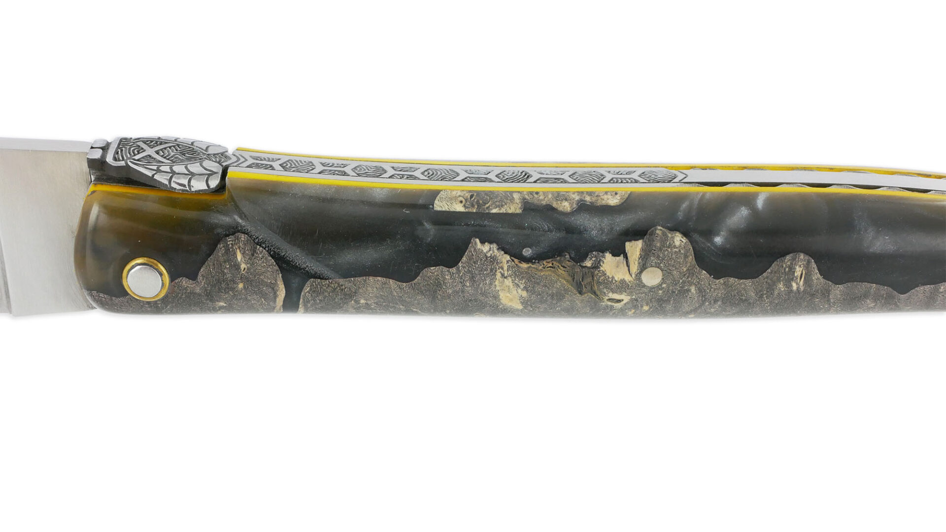 Couteau Laguiole en Aubrac 1 Pièce 12 cm Plein Manche en Loupe de Peuplier Gris Entretoises Jaunes