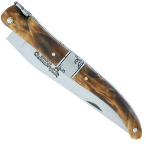 Couteau Laguiole en Aubrac 1 Pièce 12 cm Plein Manche en Loupe de Peuplier Mitre Centrale Ciselée en Inox Brossé