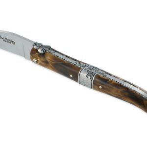 Couteau Laguiole en Aubrac 1 Pièce 12 cm Plein Manche en Loupe de Peuplier Mitre Centrale Ciselée en Inox Brossé