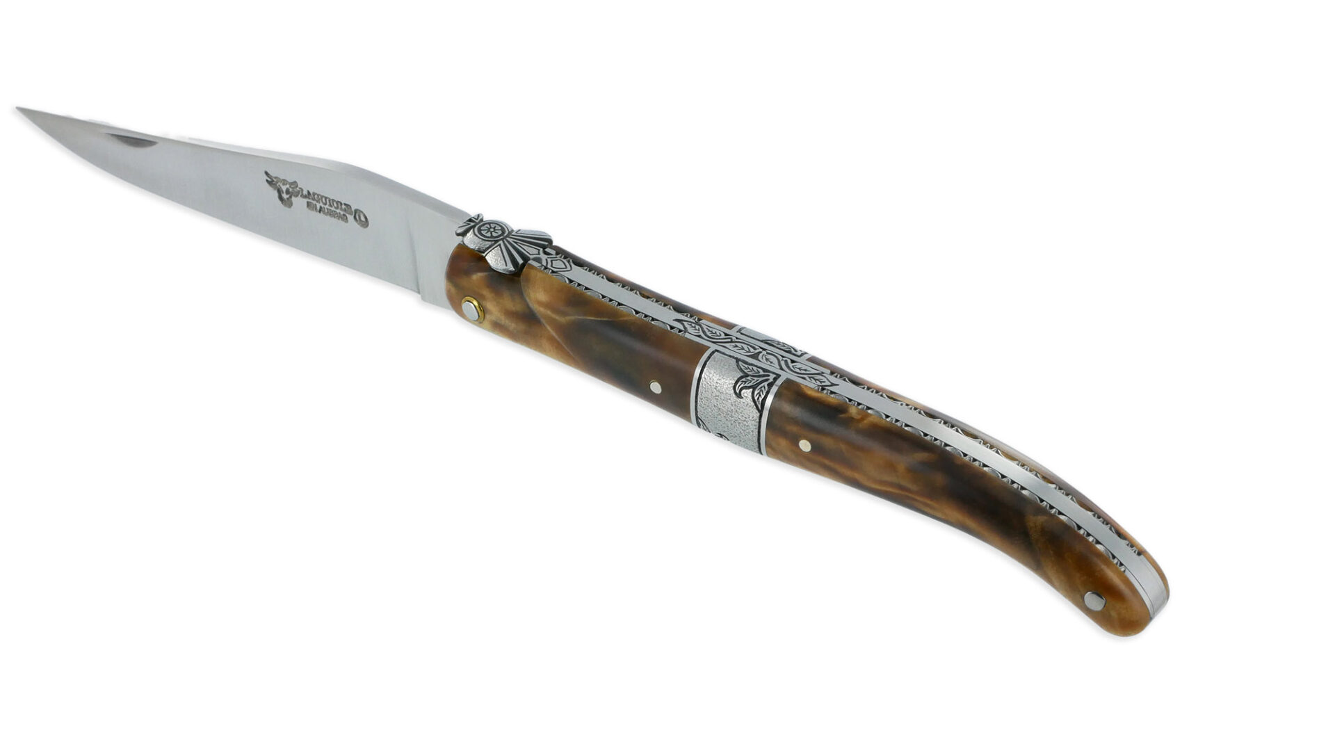 Couteau Laguiole en Aubrac 1 Pièce 12 cm Plein Manche en Loupe de Peuplier Mitre Centrale Ciselée en Inox Brossé