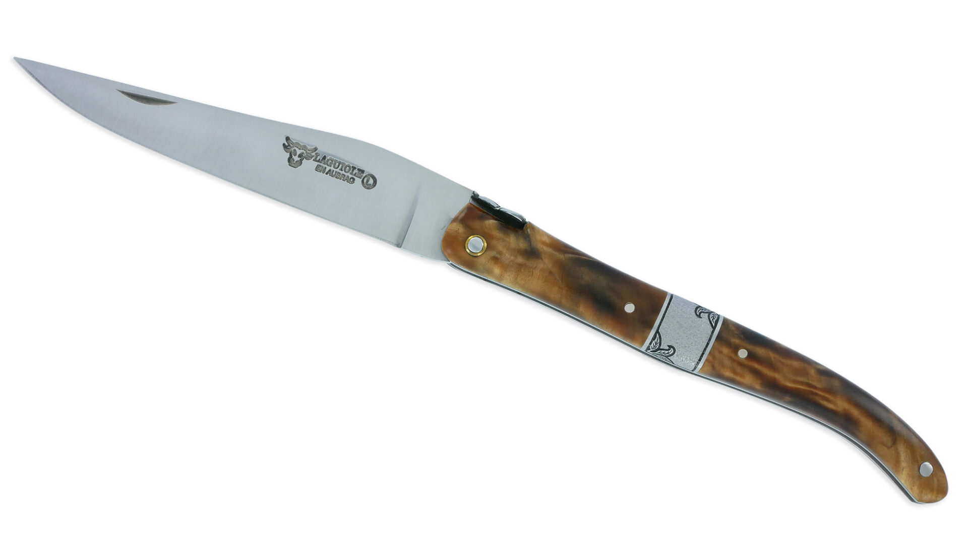 Couteau Laguiole en Aubrac 1 Pièce 12 cm Plein Manche en Loupe de Peuplier Mitre Centrale Ciselée en Inox Brossé