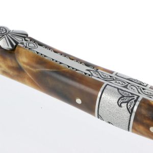 Couteau Laguiole en Aubrac 1 Pièce 12 cm Plein Manche en Loupe de Peuplier Mitre Centrale Ciselée en Inox Brossé