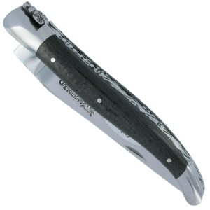 Couteau Laguiole en Aubrac 1 pièce 12cm Carbone 2 Mitres Inox Brillant Platines et Ressort Guillochés Finition Brillante