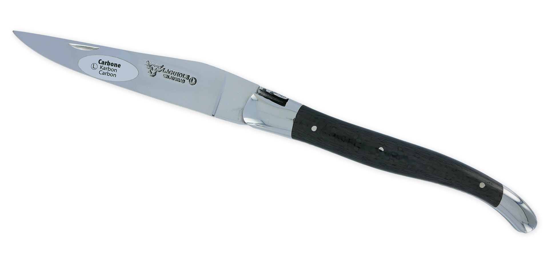 Couteau Laguiole en Aubrac 1 pièce 12cm Carbone 2 Mitres Inox Brillant Platines et Ressort Guillochés Finition Brillante
