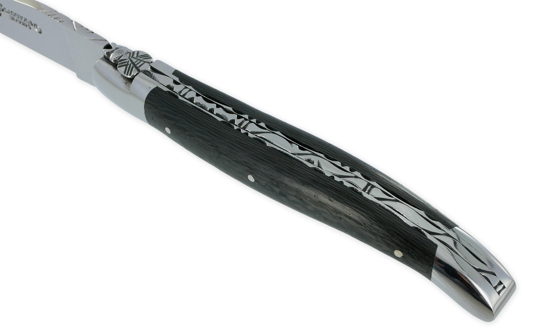 Couteau Laguiole en Aubrac 1 pièce 12cm Carbone 2 Mitres Inox Brillant Platines et Ressort Guillochés Finition Brillante