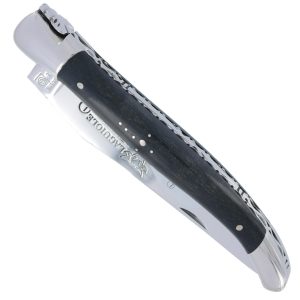 Couteau Laguiole en Aubrac 1 pièce 12cm Ebène 2 Mitres Inox Brillant Platines et Ressort Guillochés Finition Brillante