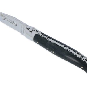 Couteau Laguiole en Aubrac 1 pièce 12cm Ebène 2 Mitres Inox Brillant Platines et Ressort Guillochés Finition Brillante
