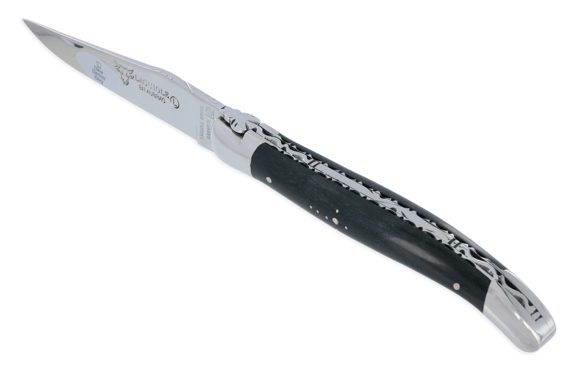 Couteau Laguiole en Aubrac 1 pièce 12cm Ebène 2 Mitres Inox Brillant Platines et Ressort Guillochés Finition Brillante