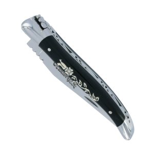 Laguiole en Aubrac knife 1 piece Marquetry Ebony handle Diamond inlay 2 Shiny Stainless Steel Bolsters 10cm