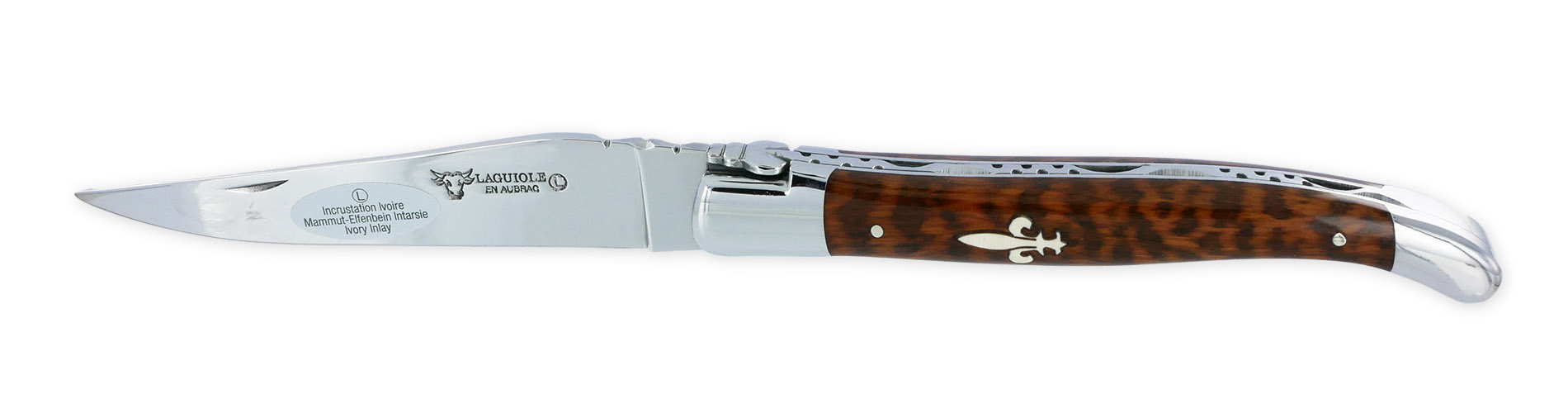Couteau Laguiole en Aubrac 1 pièce 12cm Manche Amourette avec Incrustation Marqueterie Fleur de Lys en Ivoire de Mammouth 2 Mitres Inox brillant