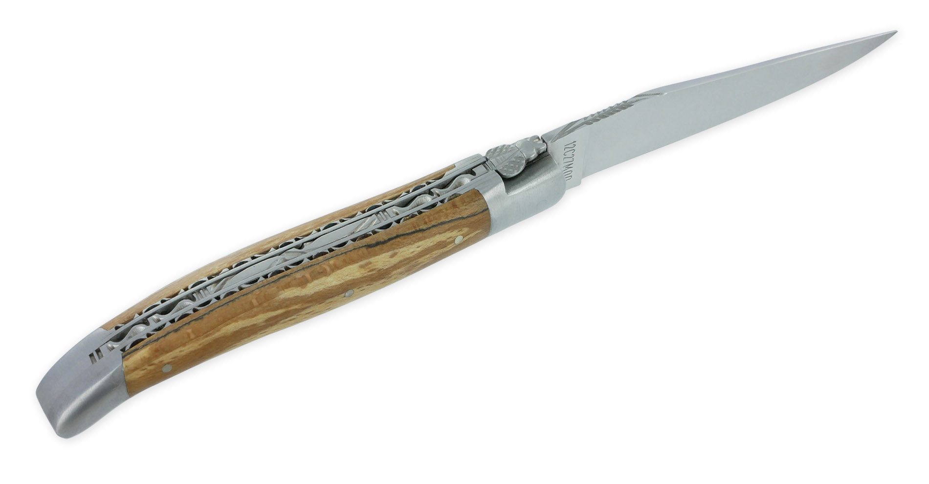 Couteau Laguiole en Aubrac 1 pièce 12cm Manche Bois d'Aubrac 2 Mitres Double Platines Finition Brossée