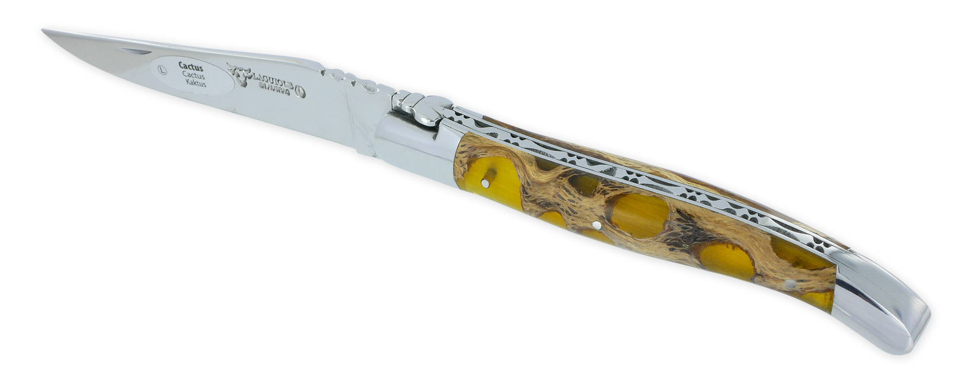 Couteau Laguiole en Aubrac 1 pièce 12cm Manche Cactus Ambré 2 Mitres Inox Brillant