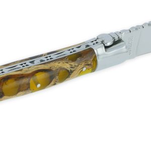 Couteau Laguiole en Aubrac 1 pièce 12cm Manche Cactus Ambré 2 Mitres Inox Brillant