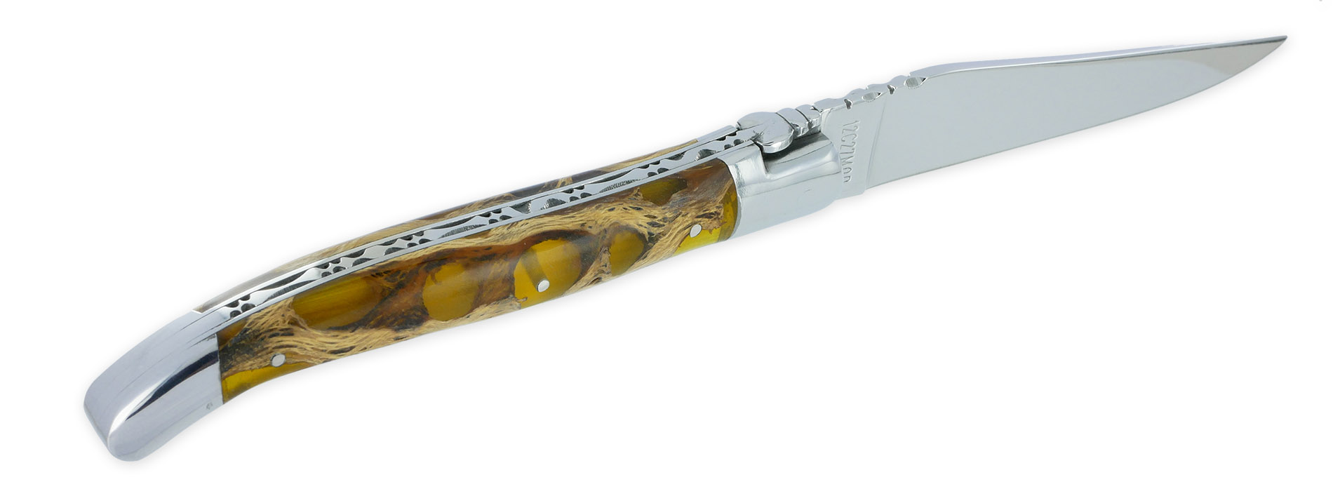 Couteau Laguiole en Aubrac 1 pièce 12cm Manche Cactus Ambré 2 Mitres Inox Brillant