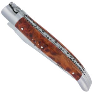 Couteau Laguiole en Aubrac 1 pièce 12cm Manche en Loupe d’Amboine 2 Mitres Double Platines Num1