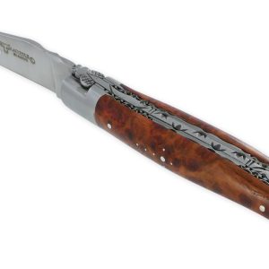 Couteau Laguiole en Aubrac 1 pièce 12cm Manche en Loupe d’Amboine 2 Mitres Double Platines Num1