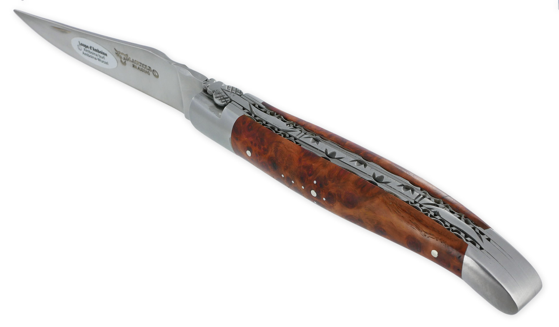 Couteau Laguiole en Aubrac 1 pièce 12cm Manche en Loupe d’Amboine 2 Mitres Double Platines Num1