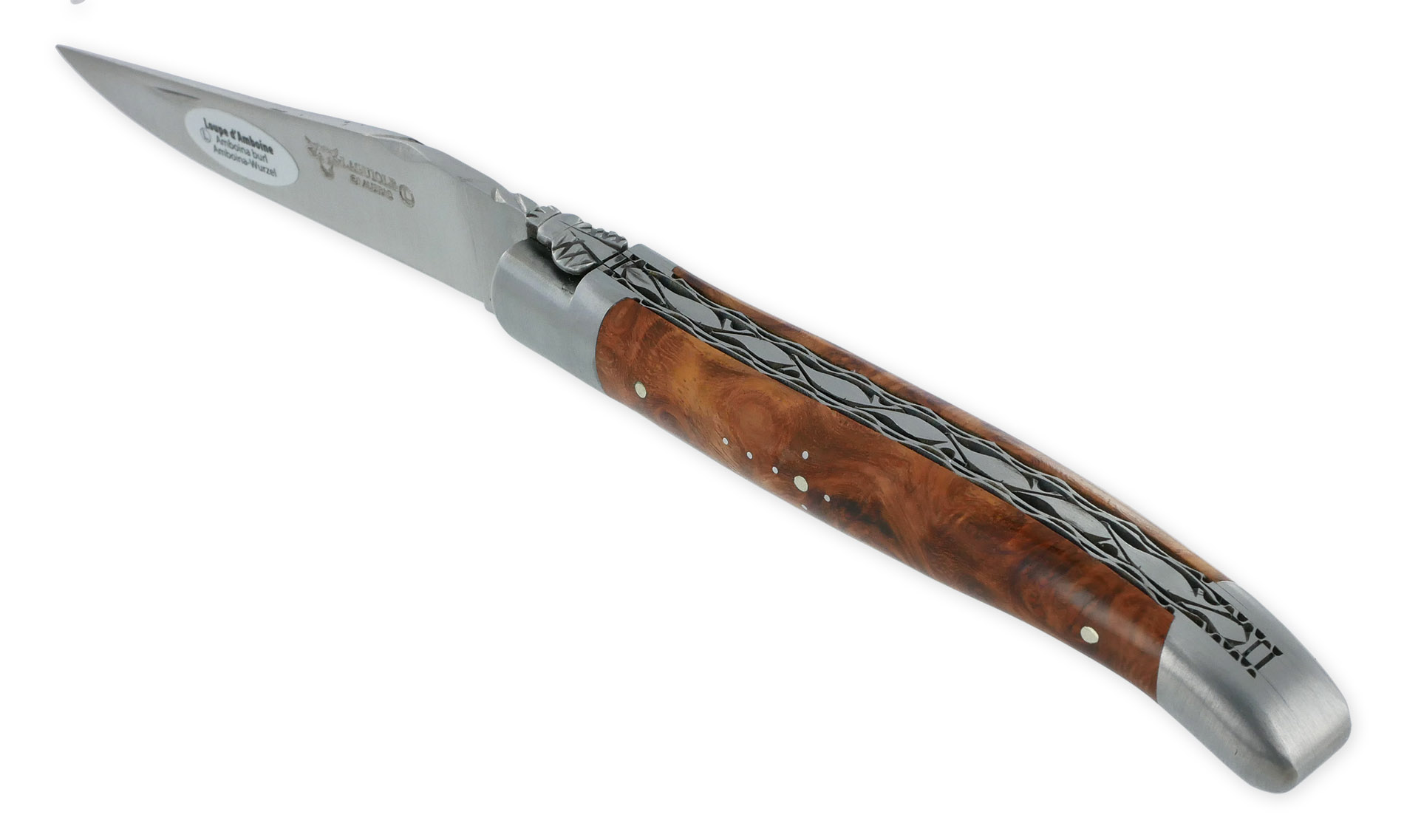 Couteau Laguiole en Aubrac 1 pièce 12cm Manche en Loupe d’Amboine 2 Mitres Double Platines Num2
