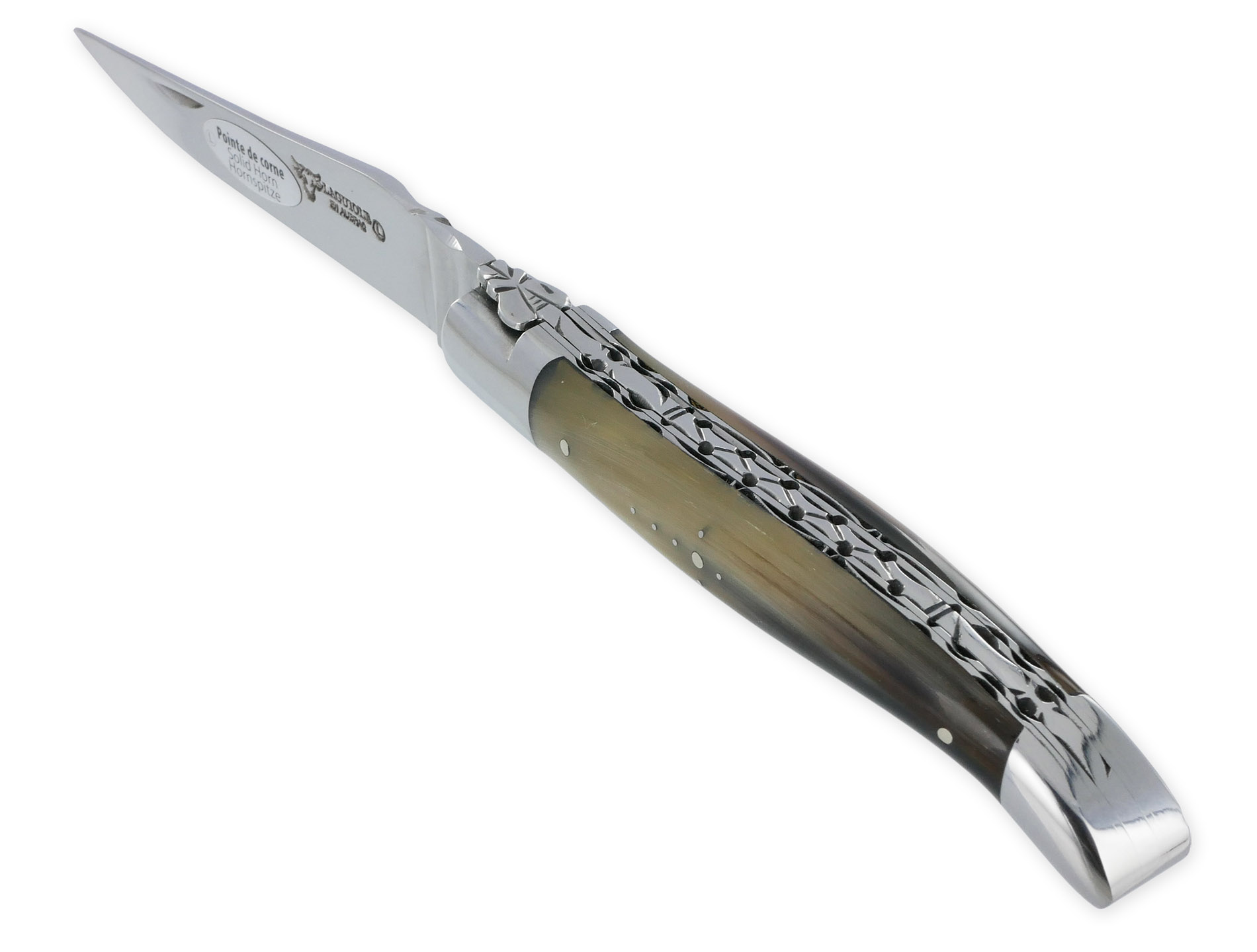 Couteau Laguiole en Aubrac 1 pièce 12cm Manche en Pointe de Corne Blonde 2 Mitres Double Platines et Ressort Guillochés Num4