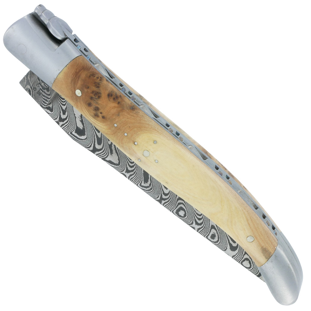 Couteau Laguiole en Aubrac 1 pièce 12cm Manche Genévrier 2 Mitres Inox Brossé Lame Damas Balbach
