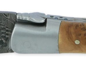 Couteau Laguiole en Aubrac 1 pièce 12cm Manche Genévrier 2 Mitres Inox Brossé Lame Damas Balbach