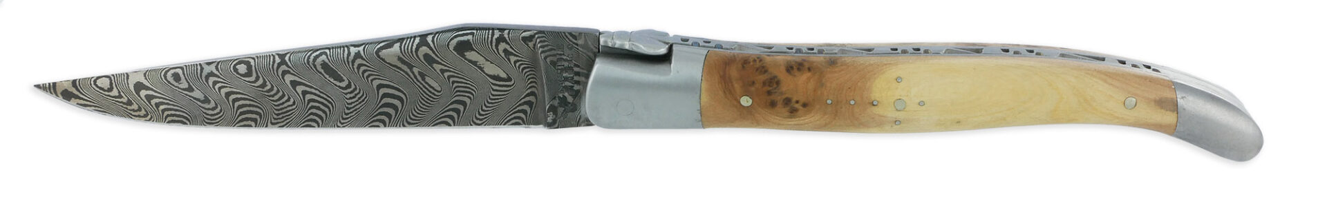Couteau Laguiole en Aubrac 1 pièce 12cm Manche Genévrier 2 Mitres Inox Brossé Lame Damas Balbach