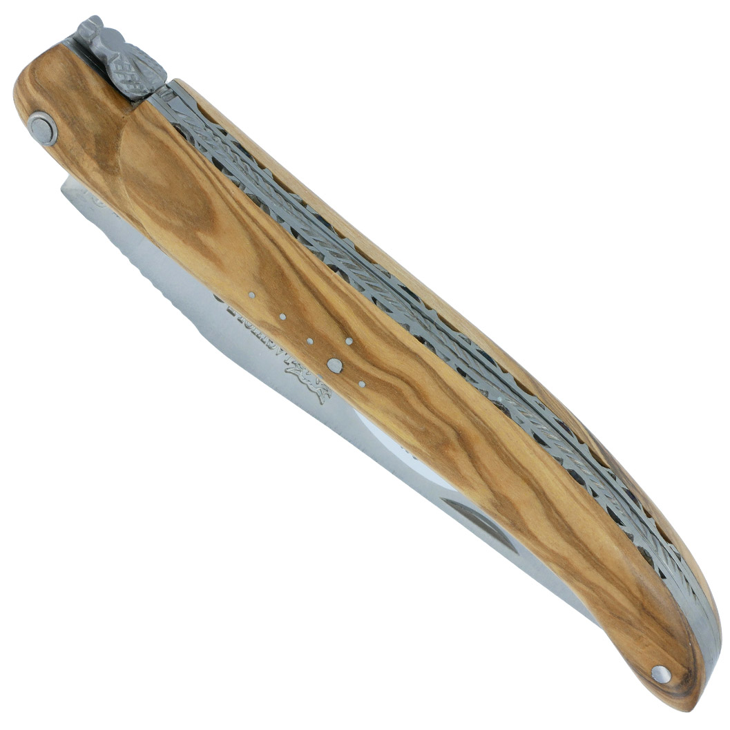 Couteau Laguiole en Aubrac 1 pièce 12cm Manche Olivier Plein Manche Finition Brossé Double Platines Num 2