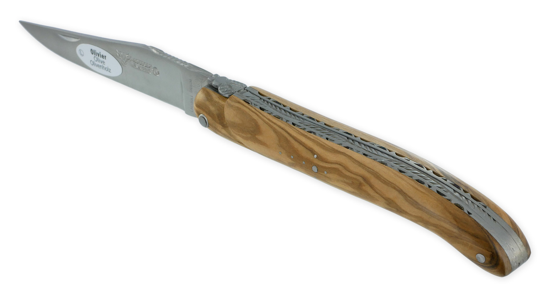 Couteau Laguiole en Aubrac 1 pièce 12cm Manche Olivier Plein Manche Finition Brossé Double Platines Num 2