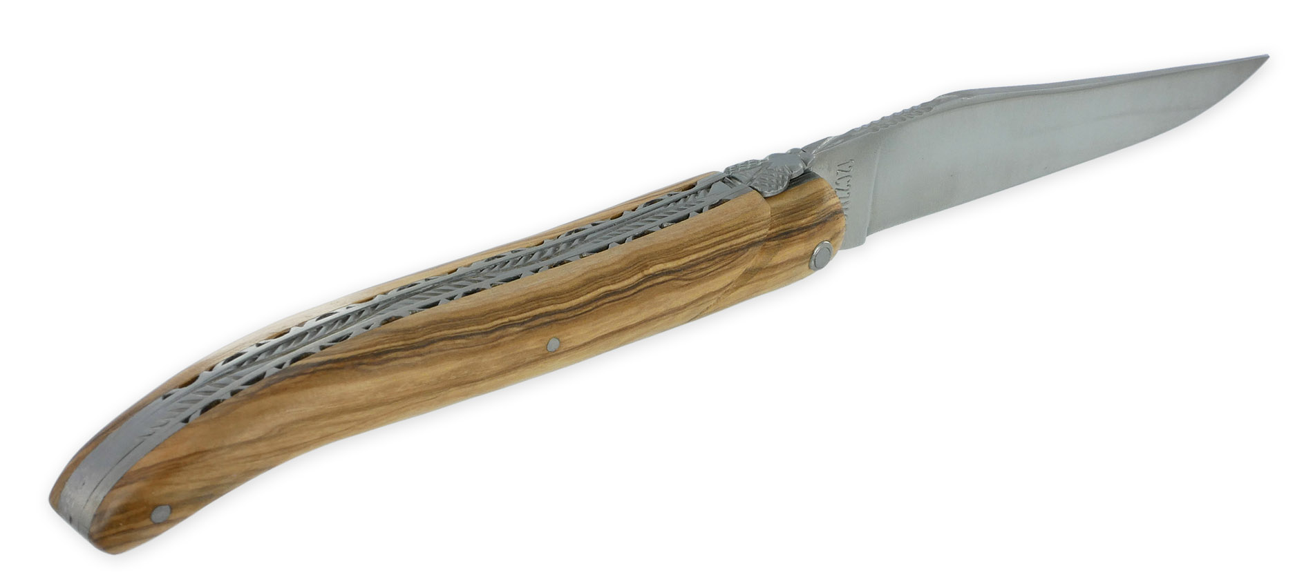 Couteau Laguiole en Aubrac 1 pièce 12cm Manche Olivier Plein Manche Finition Brossé Double Platines Num 2