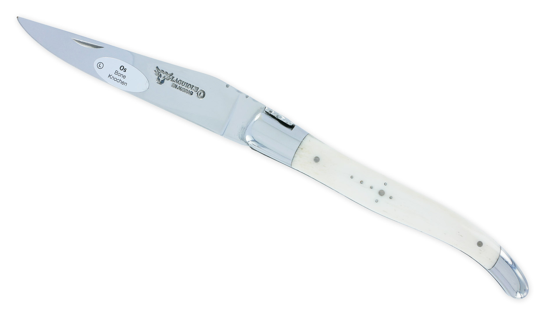 Couteau Laguiole en Aubrac 1 piece 12cm manche Os 2 mitres inox brillant