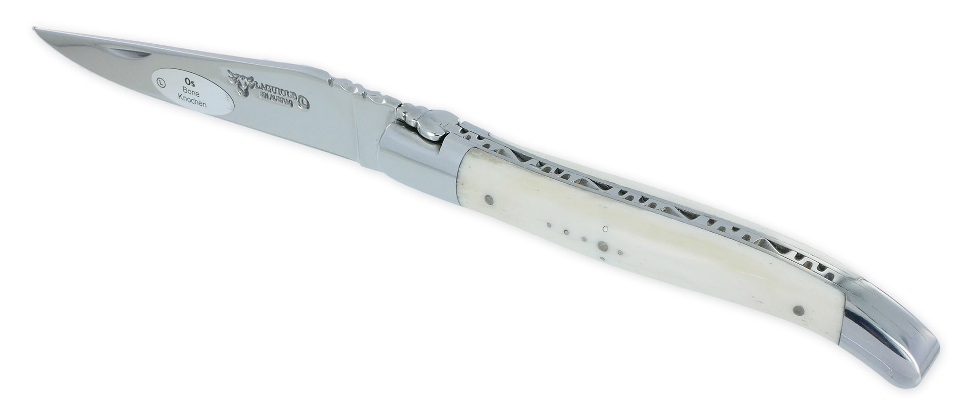 Couteau Laguiole en Aubrac 1 piece 12cm manche Os 2 mitres inox brillant