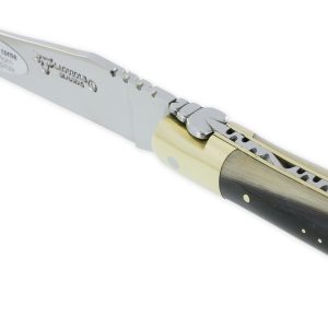 Couteau Laguiole en Aubrac 1 pièce 12cm Manche Pointe de Corne Flammée Mitres et Platines Laiton Brillant Ressort Guilloché