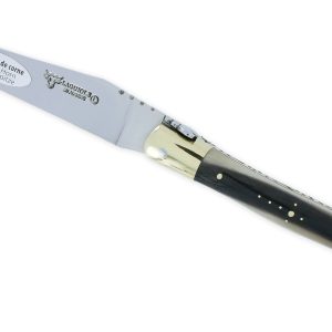 Couteau Laguiole en Aubrac 1 pièce 12cm Manche Pointe de Corne Flammée Mitres et Platines Laiton Brillant Ressort Guilloché