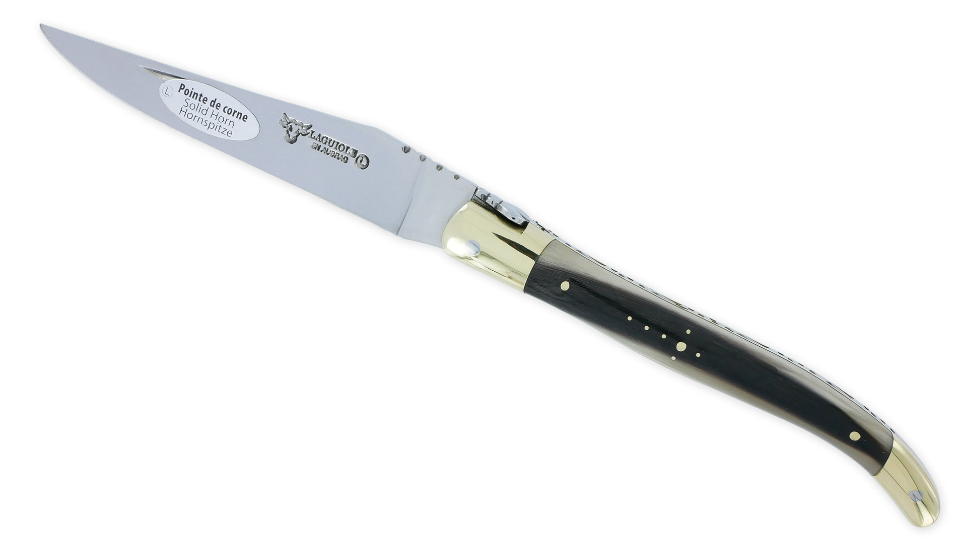 Couteau Laguiole en Aubrac 1 pièce 12cm Manche Pointe de Corne Flammée Mitres et Platines Laiton Brillant Ressort Guilloché