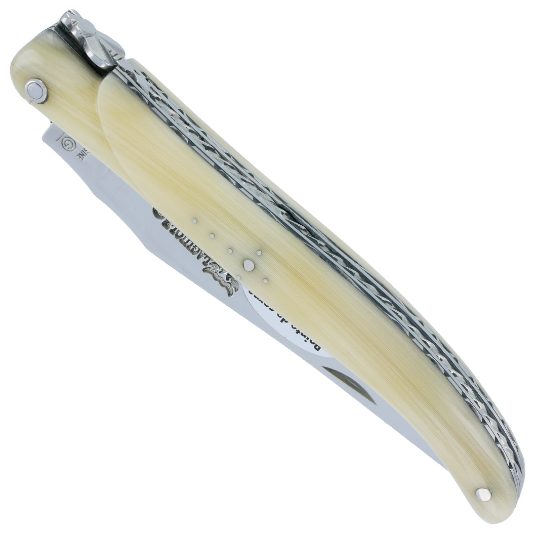 Couteau Laguiole en Aubrac 1 pièce 12cm Manche Pointe de Corne Plein Manche Double Platines Ressort Spirale Num 2