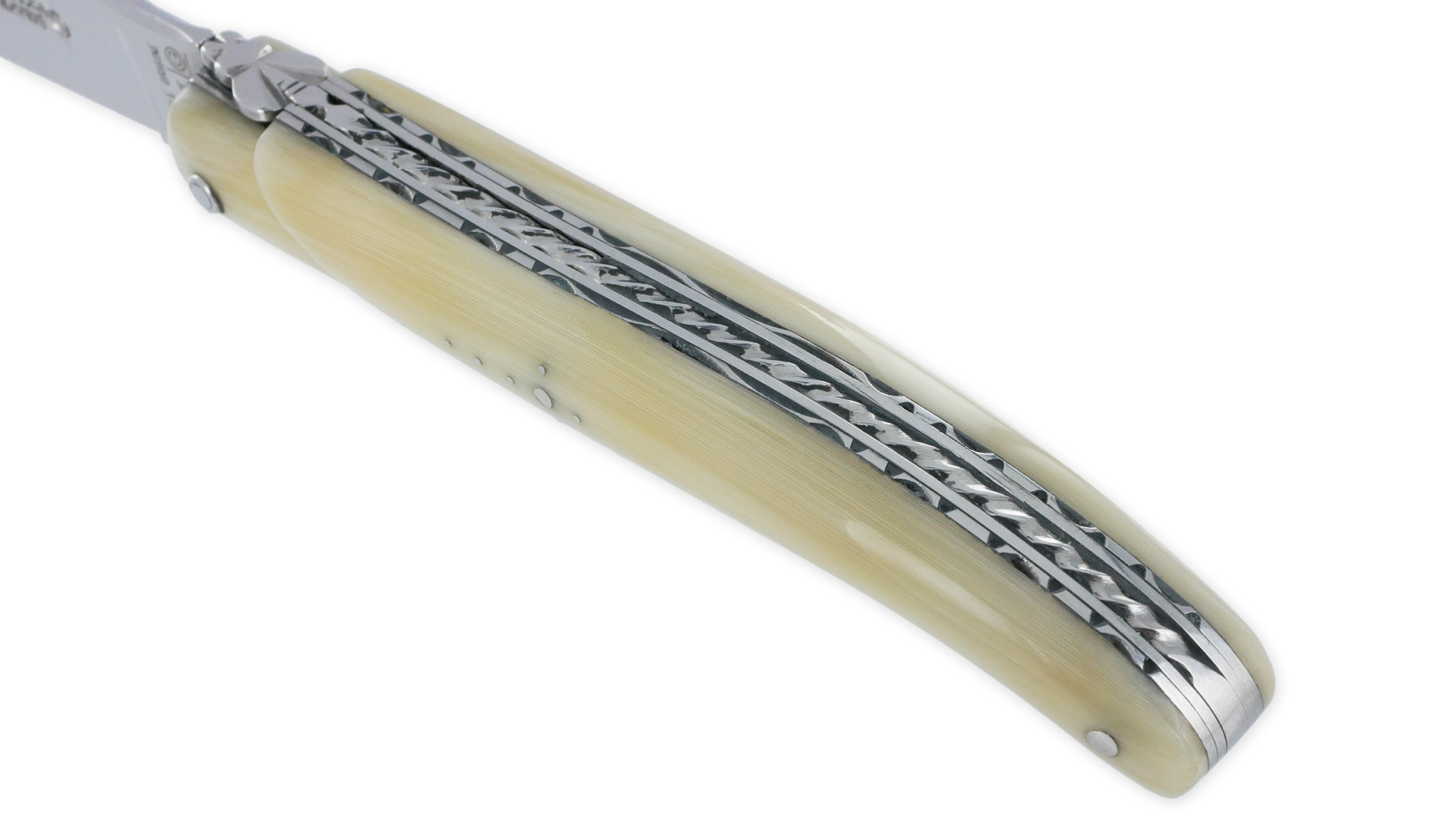 Couteau Laguiole en Aubrac 1 pièce 12cm Manche Pointe de Corne Plein Manche Double Platines Ressort Spirale Num 2