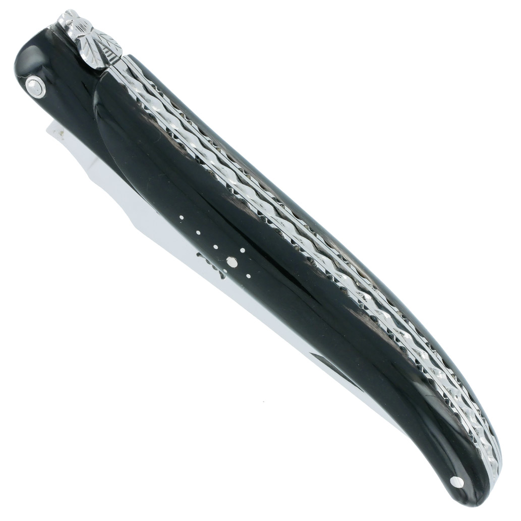 Couteau Laguiole en Aubrac 1 pièce 12cm Plein Manche Buffle Ressort Spiral Finition Brillante Double Platines