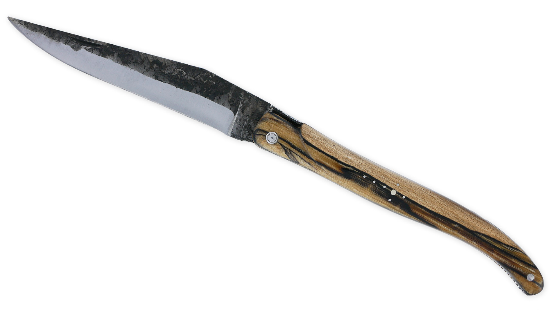 Couteau Laguiole en Aubrac 1 pièce 12cm Plein Manche en Bois d’Aubrac Platines Perlées Ressort Guilloché Lame Brute de Forge Mouche Prestige N°12