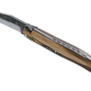 Couteau Laguiole en Aubrac 1 pièce 12cm Plein Manche en Bois d’Aubrac Platines Perlées Ressort Guilloché Lame Brute de Forge Mouche Prestige N°12