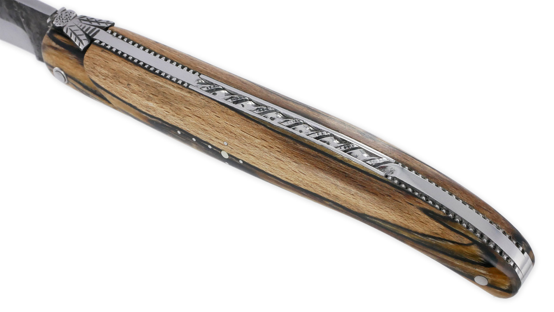 Couteau Laguiole en Aubrac 1 pièce 12cm Plein Manche en Bois d’Aubrac Platines Perlées Ressort Guilloché Lame Brute de Forge Mouche Prestige N°12