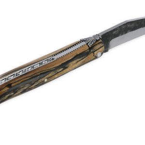 Couteau Laguiole en Aubrac 1 pièce 12cm Plein Manche en Bois d’Aubrac Platines Perlées Ressort Guilloché Lame Brute de Forge Mouche Prestige N°12