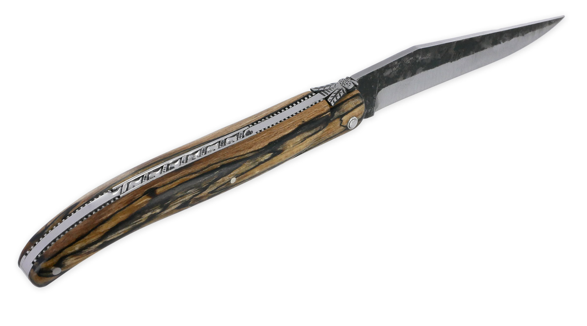 Couteau Laguiole en Aubrac 1 pièce 12cm Plein Manche en Bois d’Aubrac Platines Perlées Ressort Guilloché Lame Brute de Forge Mouche Prestige N°12
