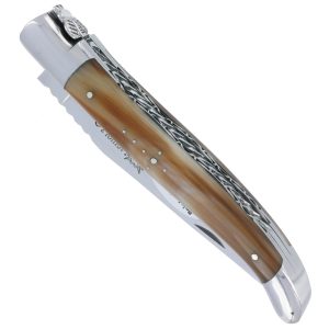 Couteau Laguiole en Aubrac 1 piece 12cm Pointe de Corne 2 Mitres Inox Brillant Double Platines et Ressort Spirale Guillochés Finition Brillante