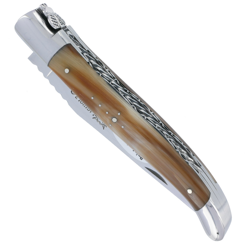 Couteau Laguiole en Aubrac 1 piece 12cm Pointe de Corne 2 Mitres Inox Brillant Double Platines et Ressort Spirale Guillochés Finition Brillante