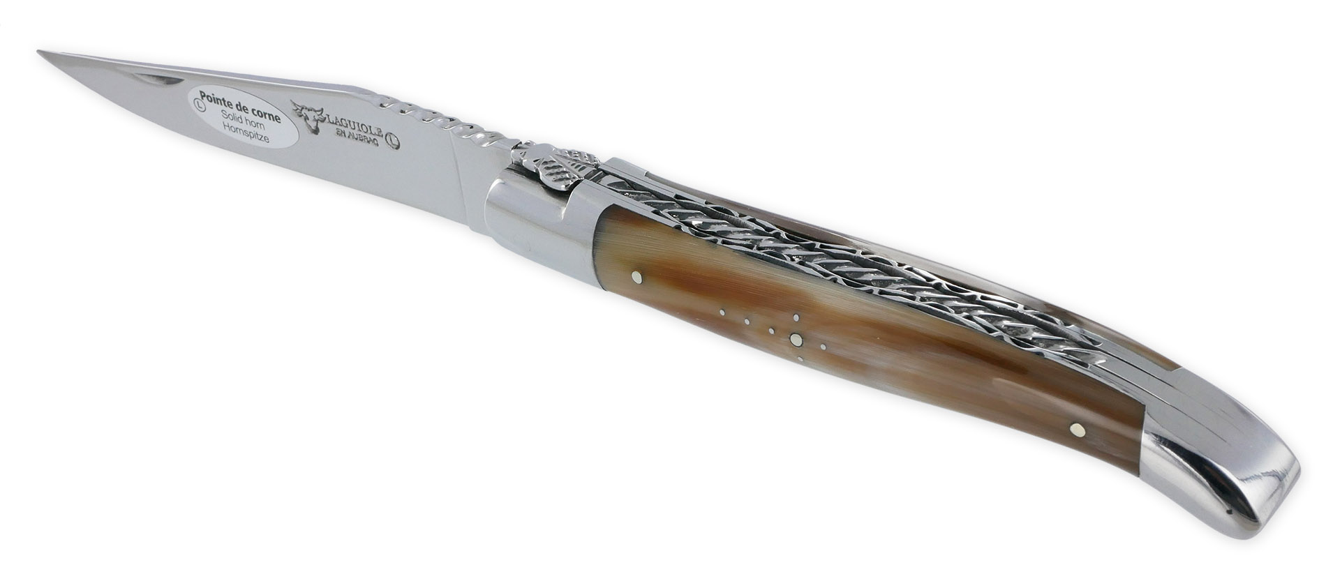Couteau Laguiole en Aubrac 1 piece 12cm Pointe de Corne 2 Mitres Inox Brillant Double Platines et Ressort Spirale Guillochés Finition Brillante