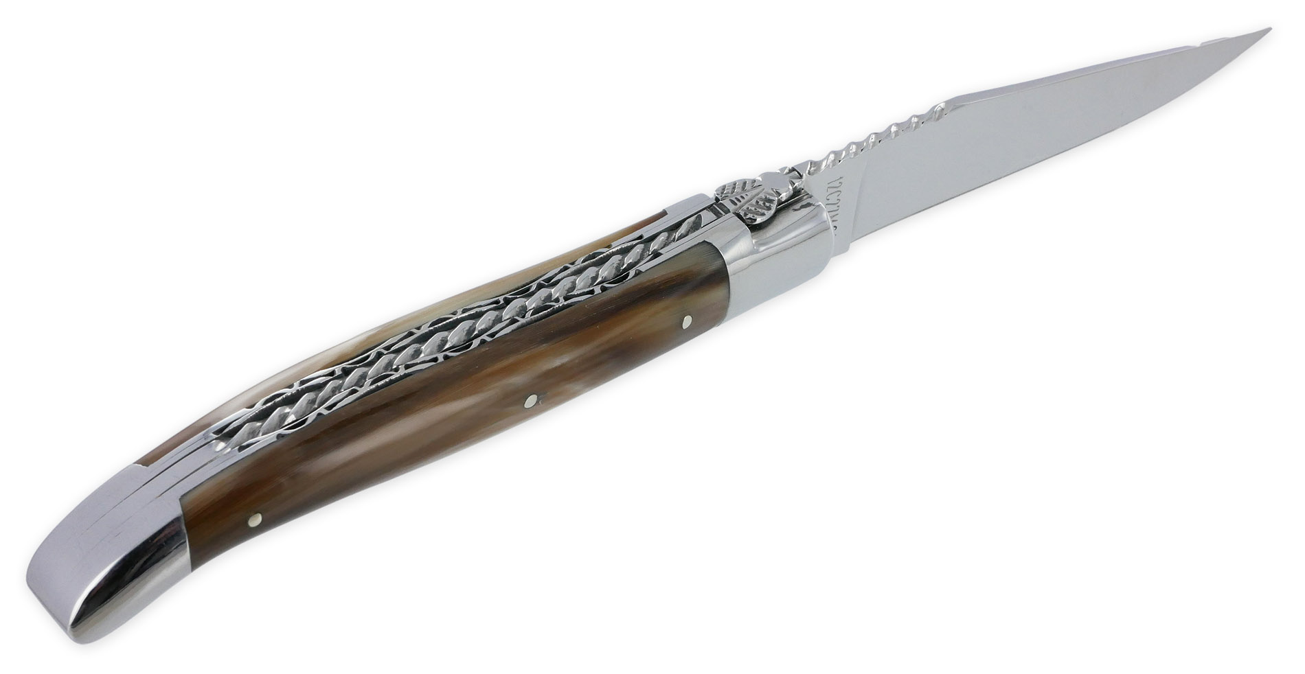 Couteau Laguiole en Aubrac 1 piece 12cm Pointe de Corne 2 Mitres Inox Brillant Double Platines et Ressort Spirale Guillochés Finition Brillante