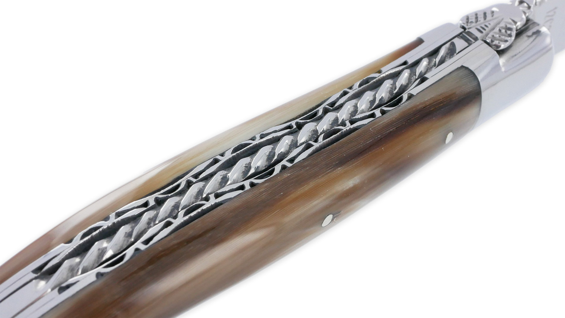 Couteau Laguiole en Aubrac 1 piece 12cm Pointe de Corne 2 Mitres Inox Brillant Double Platines et Ressort Spirale Guillochés Finition Brillante